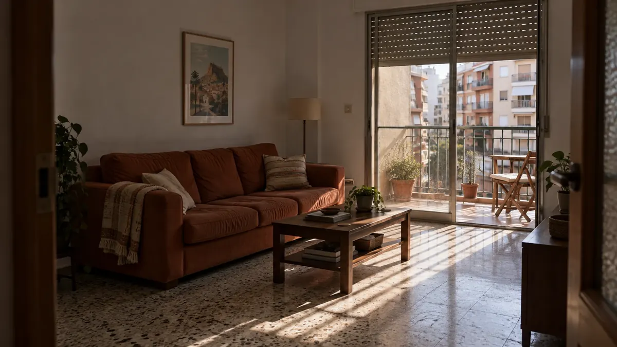 foto amplia de salón con sofá, overlay azul 90 %