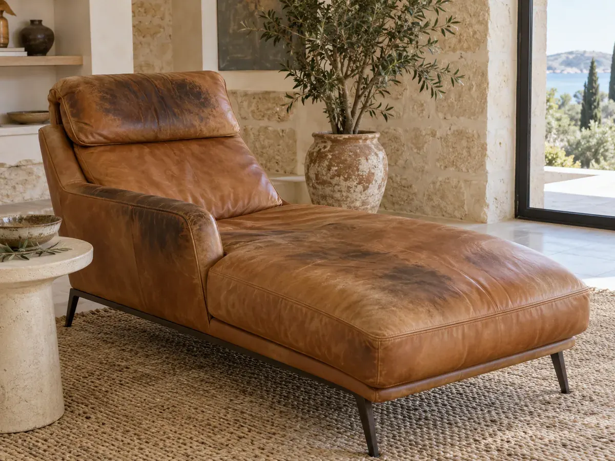 chaise longue de piel caramelo con grasa oscura en respaldo, brazos y asiento