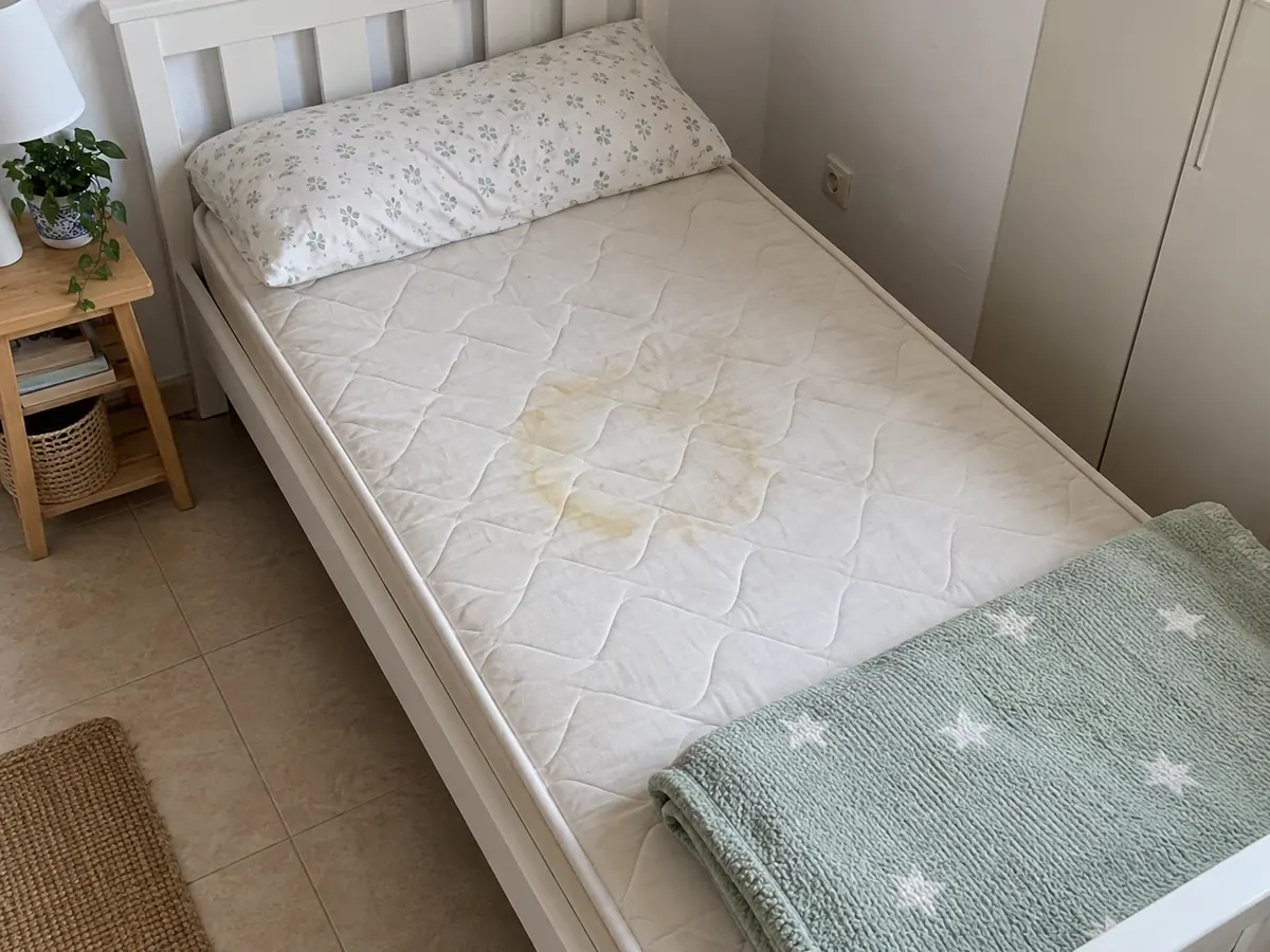 3: colchón infantil con cerco amarillo, luz de ventana