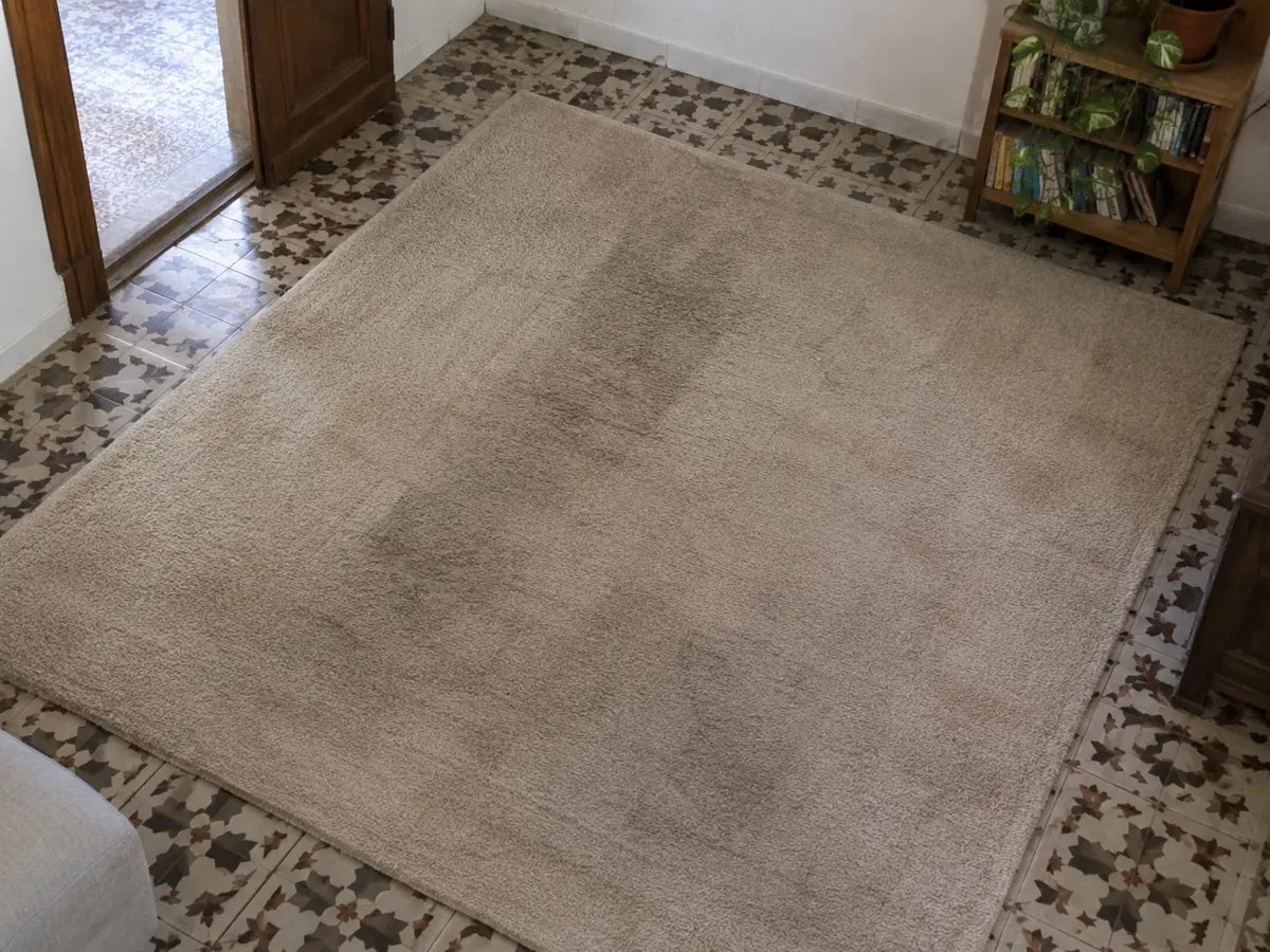 alfombra de lana beige de 3x2 m con zonas de paso oscuras