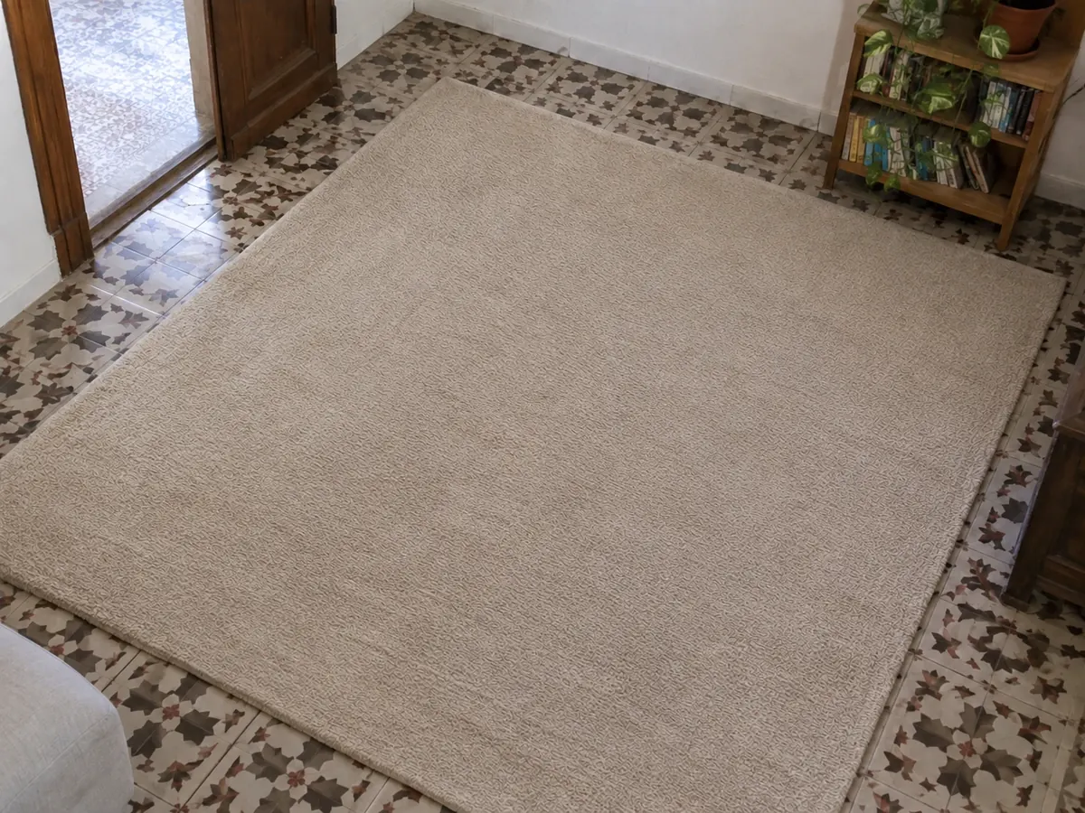 Resultado de limpieza: alfombra de lana beige de 3x2 m con zonas de paso oscuras