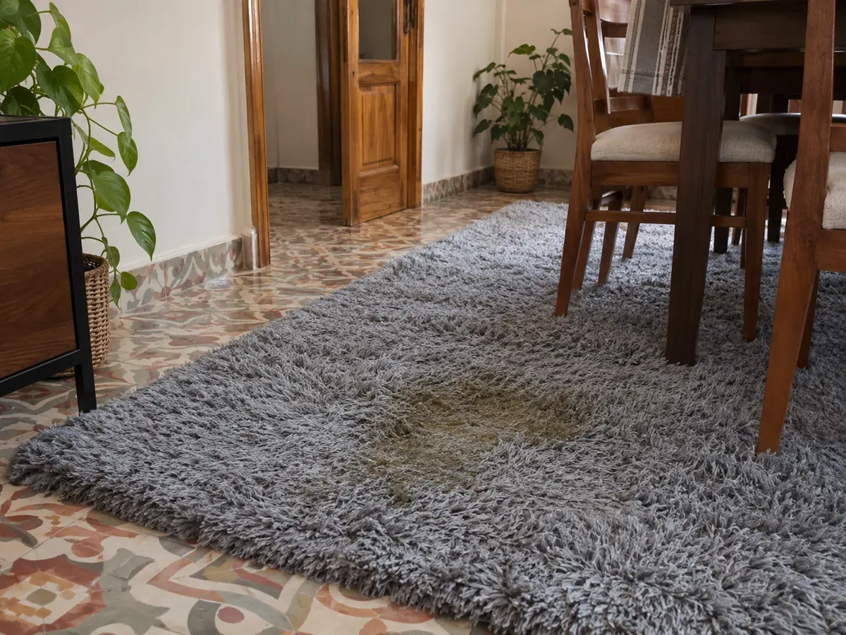 alfombra de pelo largo gris con orina de gato