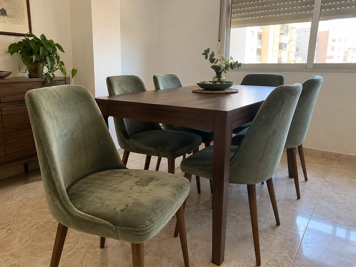 seis sillas de comedor de terciopelo verde con manchas de comida en el asiento