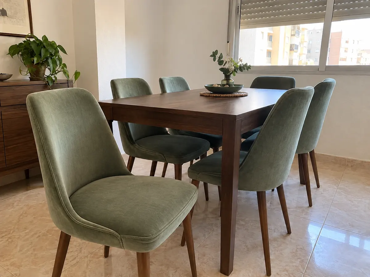 Resultado de limpieza: seis sillas de comedor de terciopelo verde con manchas de comida en el asiento