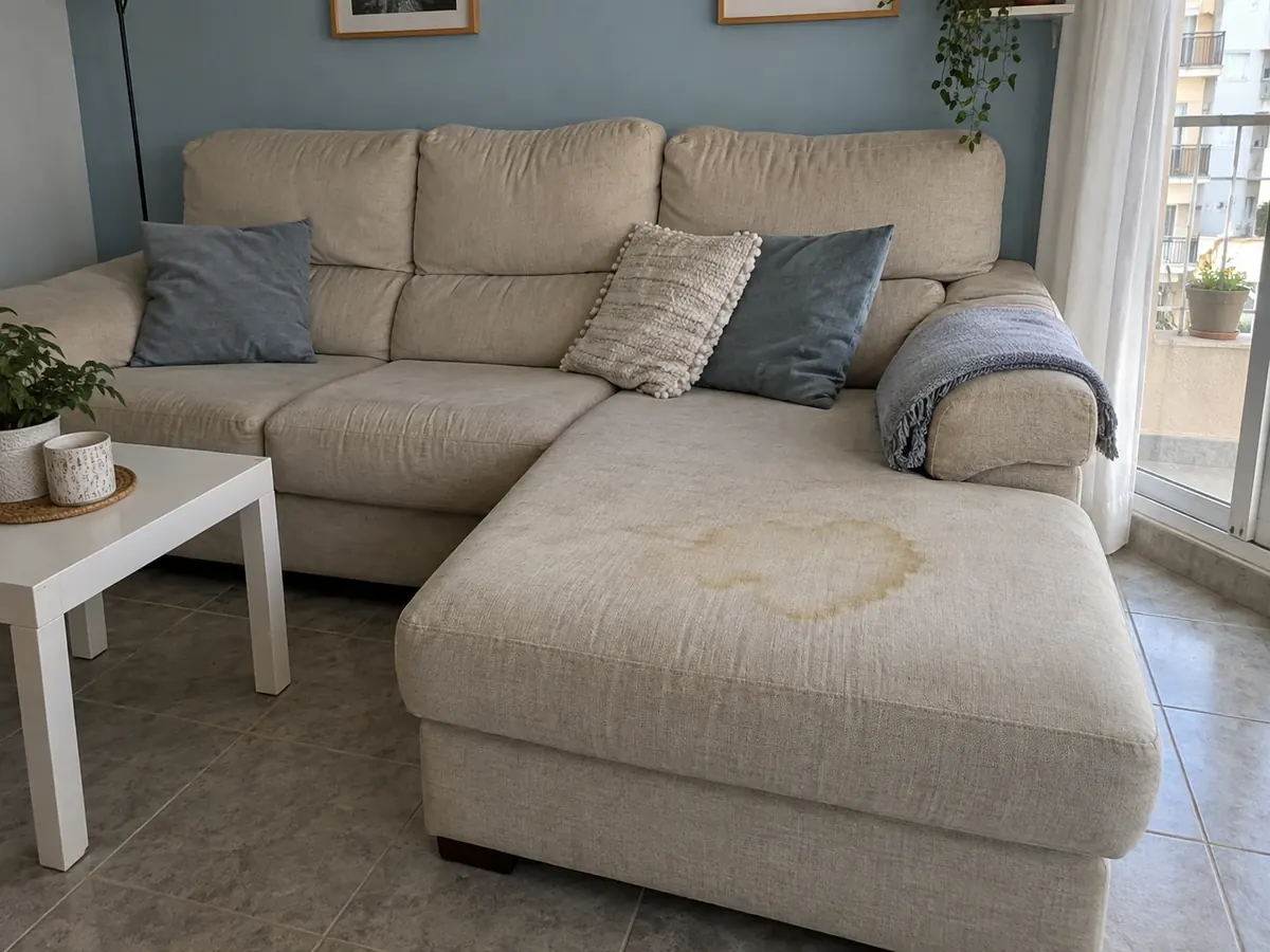 chaise longue de microfibra beige con orina de cachorro