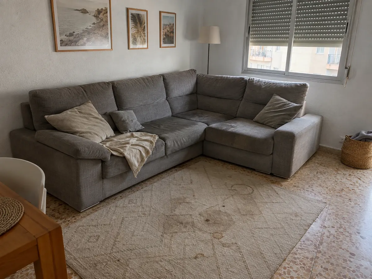 salón de casa de la costa con rinconera y alfombra con olor a humedad