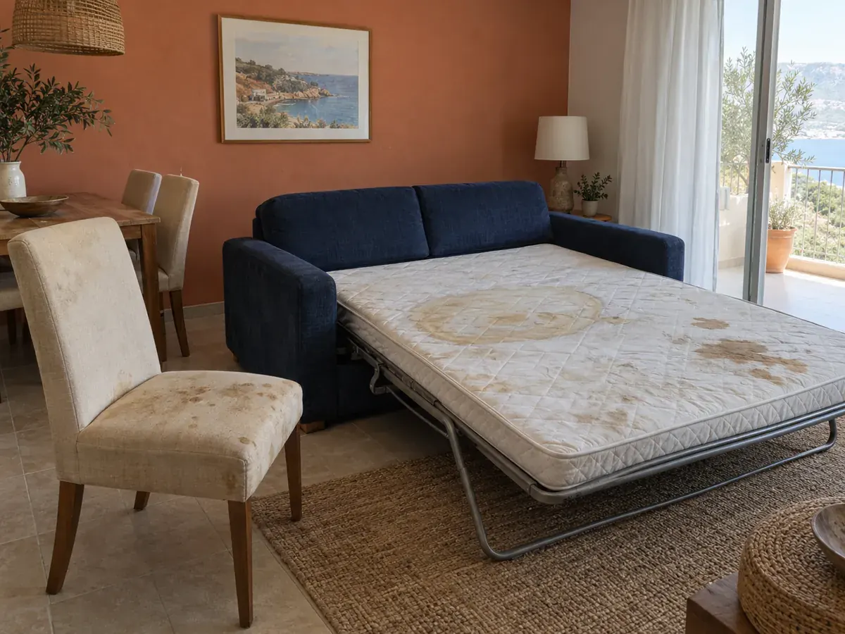 sofá cama abierto con colchón manchado y sillas tapizadas con manchas