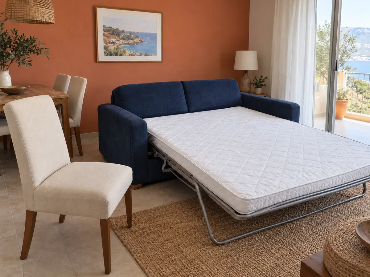 Resultado de limpieza: sofá cama abierto con colchón manchado y sillas tapizadas con manchas